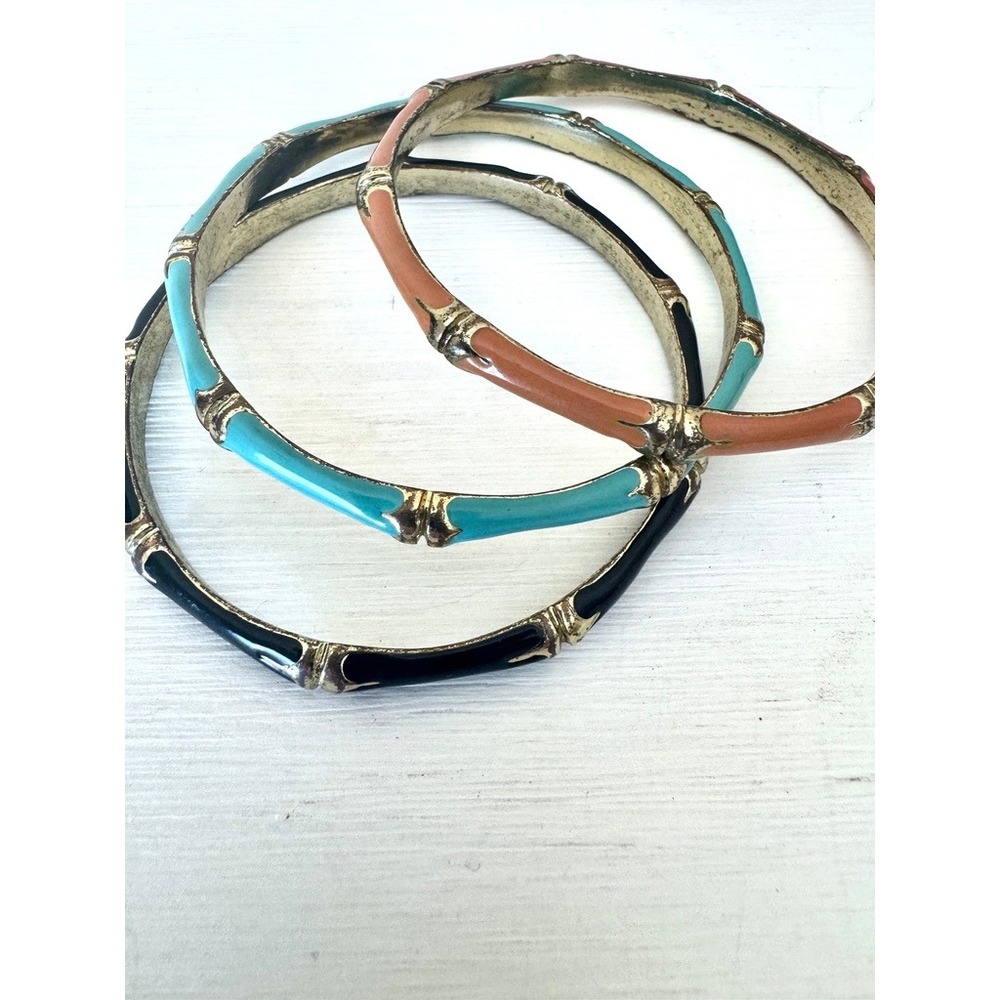 Bamboo Bangle Bracelets Set Enamel Stack Turquoise Coral Black Gold